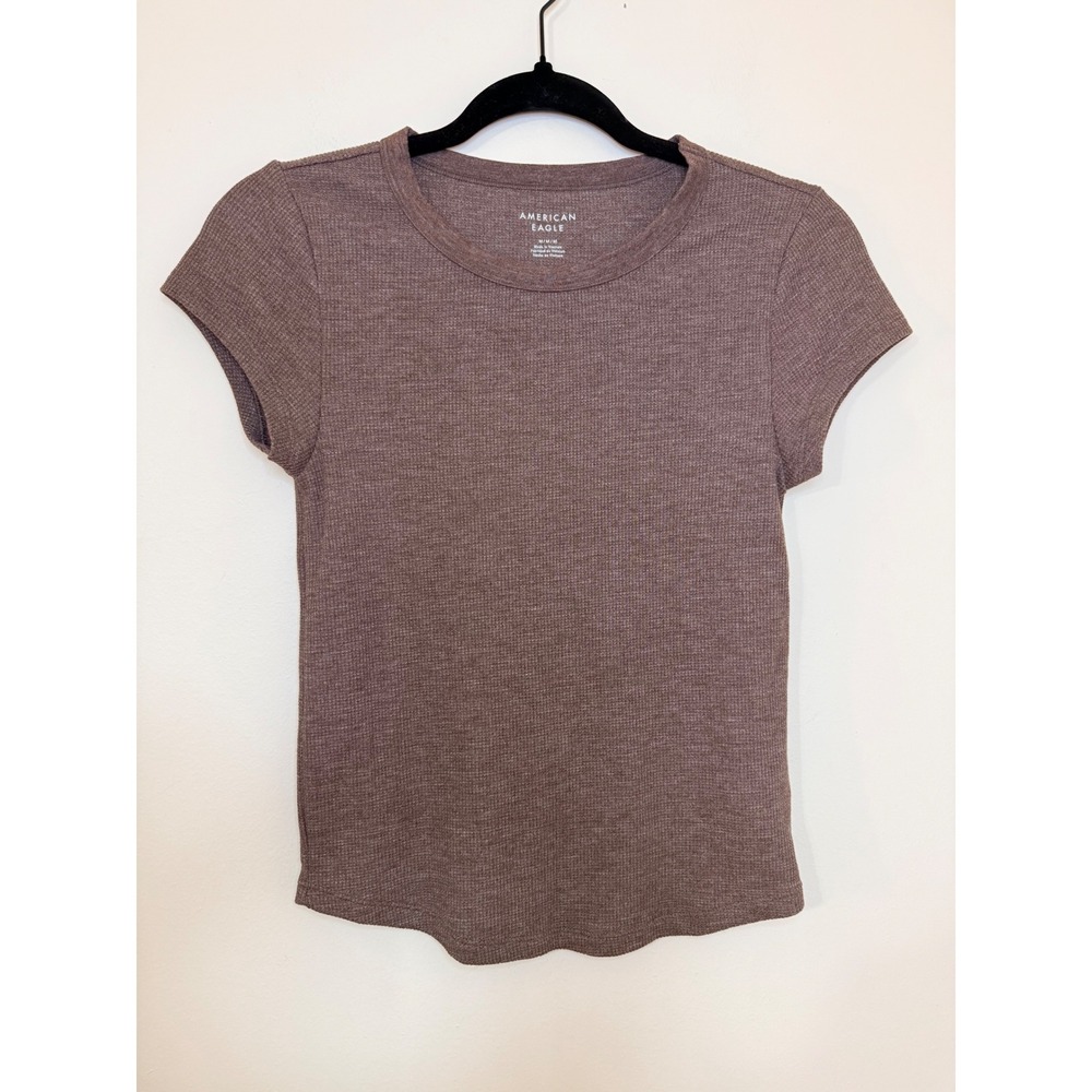 American Eagle Waffle Knit Short Sleeve T-Shirt Curved Hem Brown Size Medium